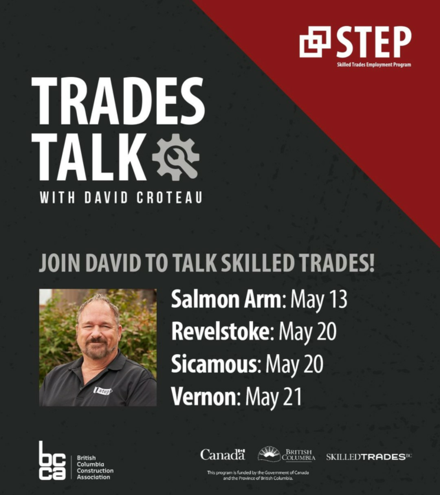 #TradesTalkWithDavidCroteau
Do you want to create an action plan to build your trades career?
Join STEP REPS David to talk all things #SkilledTrades this month.
📆May 13
⏰1pm - 3pm
📍WorkBC Salmon Arm
📆May 20
⏰10:30am - 11:30am
📍WorkBC Revelstoke
📆May 20
⏰10:30am - 11:30am
📍WorkBC Sicamous
📆May 21
⏰10am - 12pm
📍Vernon Community Futures
David will walk you through:
✨Apprenticeships in construction
✨The local job market
✨Everything STEP can do to get you job-ready!
See you there!
*𝑆𝑇𝐸𝑃 𝑖𝑠 𝑐𝑜𝑚𝑚𝑖𝑡𝑡𝑒𝑑 𝑡𝑜 𝑓𝑜𝑠𝑡𝑒𝑟𝑖𝑛𝑔 𝑒𝑞𝑢𝑖𝑡𝑦, 𝑑𝑖𝑣𝑒𝑟𝑠𝑖𝑡𝑦, 𝑎𝑛𝑑 𝑖𝑛𝑐𝑙𝑢𝑠𝑖𝑜𝑛 𝑤𝑖𝑡ℎ𝑖𝑛 𝑡ℎ𝑒 𝑠𝑘𝑖𝑙𝑙𝑒𝑑 𝑡𝑟𝑎𝑑𝑒𝑠.
#BCConstruction #ConstructionCareer #ConstructionIndustry #SalmonArm #Sicamous #Vernon